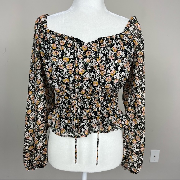 LUSH LONG SLEEVE BLACK FLORAL BLOUSE TIE NECK SMOCKED WAIST SIZE SMALL PETITE - Picture 3 of 16